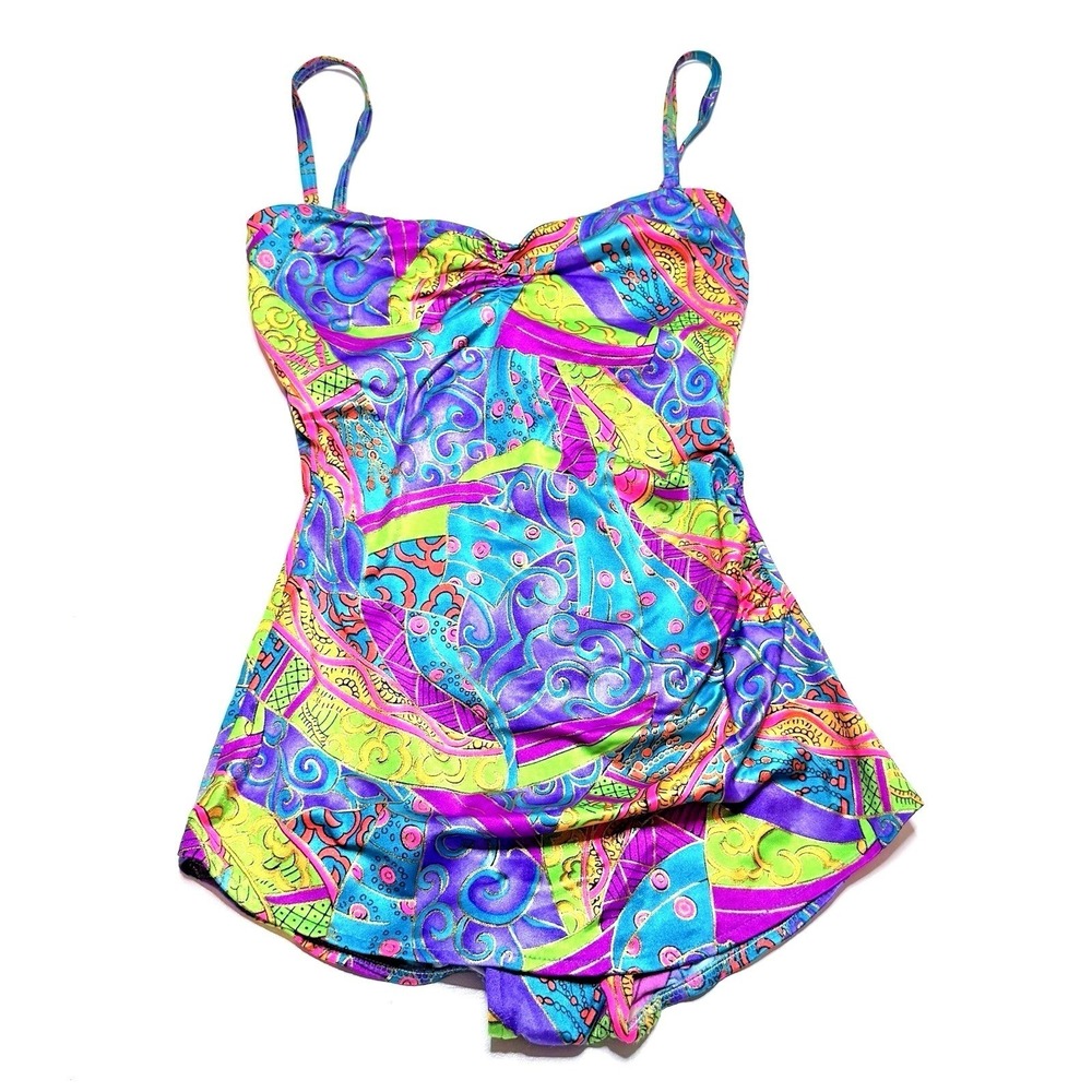 E Stewart Vintage 80s 90s Women's 12 Neon Paisley One Piece Swimsuit